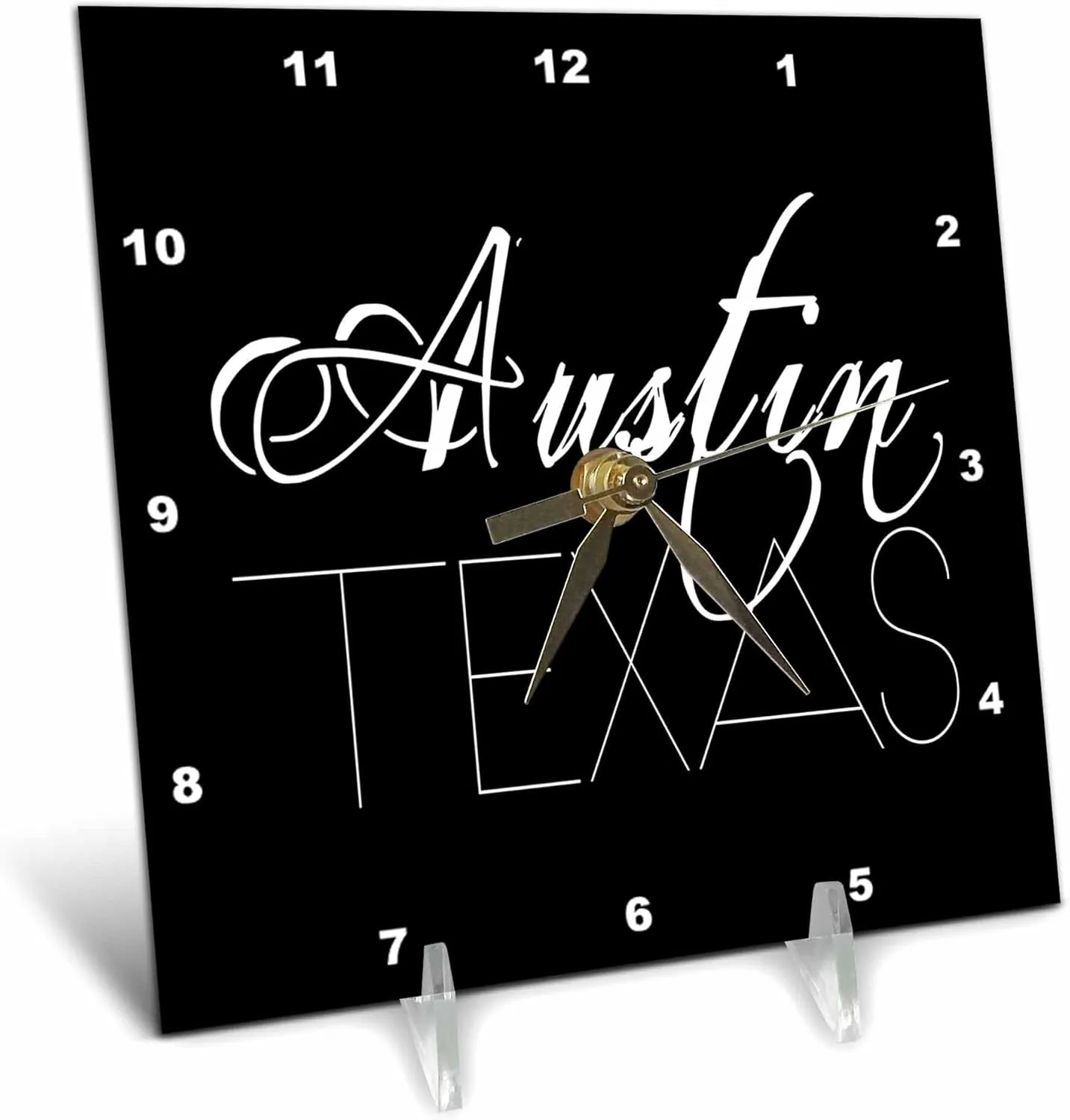 - American overhaul forever polychrome Cities - Austin Texas White Text on Black Background Alexis Design - American Cities 3dRose 6x6 Desk Clock 