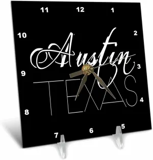 - American overhaul forever polychrome Cities - Austin Texas White Text on Black Background Alexis Design - American Cities 3dRose 6x6 Desk Clock 