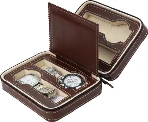 : Black, Size : iridium marine tenet surgeon One Size) (Brown One Size) 4 Slots Faux Leather Watch Travel Case Collector Storage Zipper Watches Box Brown/Black (Color 