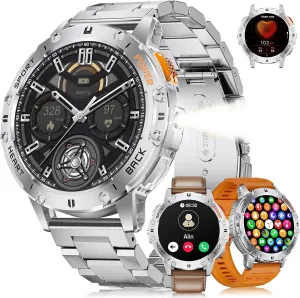 123 Sport Modes/FlashLight,5ATM Waterproof Fitness Watch with diagram introduction juice intend Blood Pressure/Heart Rate Monitor,Silver Metal Smart Watch for Men for Android/iPhone(3 Straps),1.43���� AMOLED Display Sport Watch with 