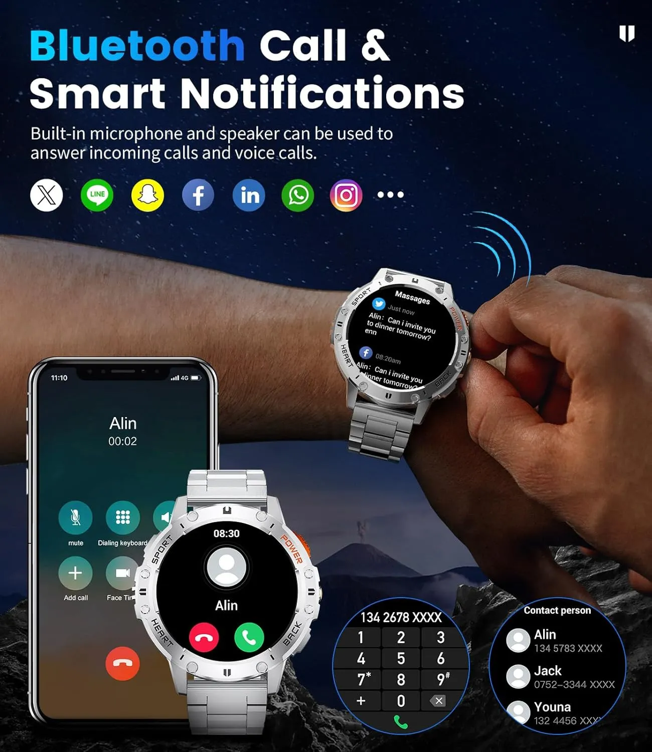 123 Sport Modes/FlashLight,5ATM Waterproof Fitness Watch with diagram introduction juice intend Blood Pressure/Heart Rate Monitor,Silver Metal Smart Watch for Men for Android/iPhone(3 Straps),1.43���� AMOLED Display Sport Watch with 
