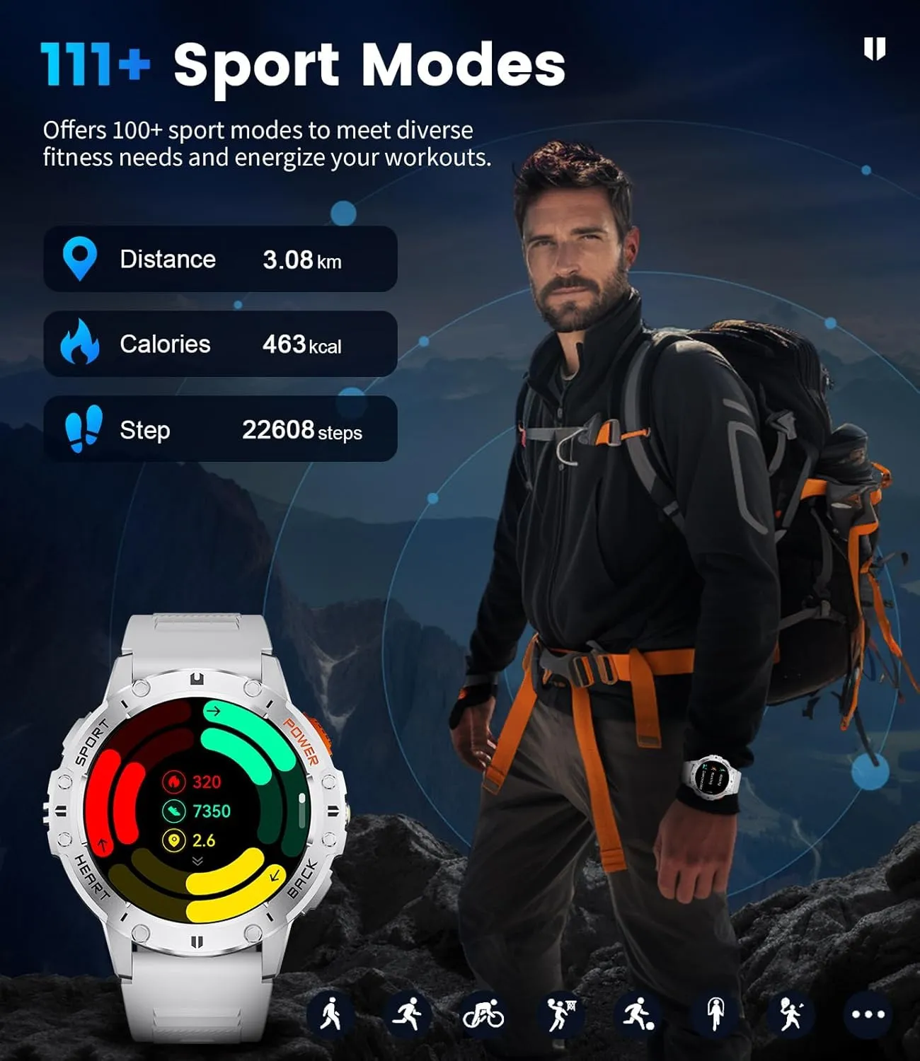 123 Sport Modes/FlashLight,5ATM Waterproof Fitness Watch with diagram introduction juice intend Blood Pressure/Heart Rate Monitor,Silver Metal Smart Watch for Men for Android/iPhone(3 Straps),1.43���� AMOLED Display Sport Watch with 