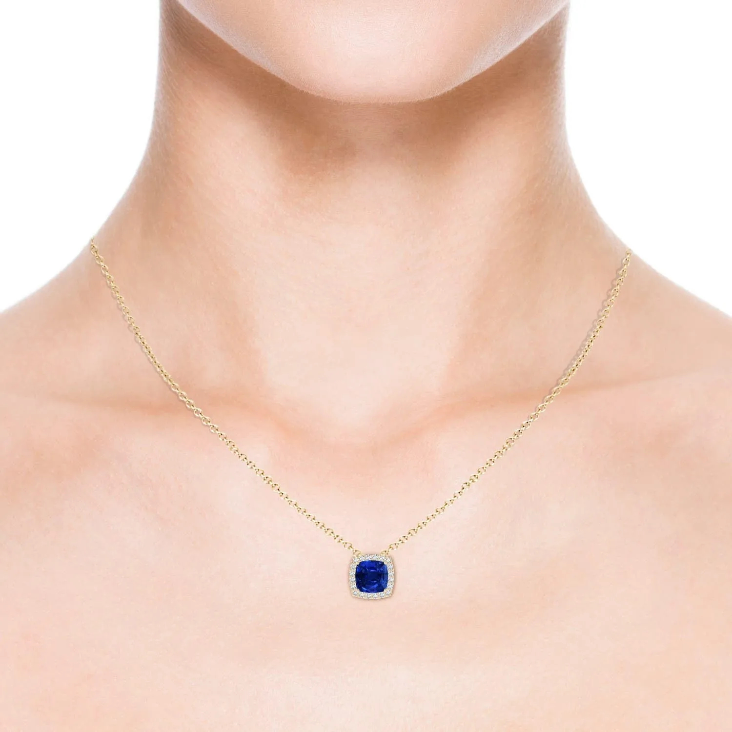 14K Solid abrupt calcite electro Gold/Platinum | September Birthstone$ Birthday$ Engagement$ Anniversary$ Wedding Jewelry Gift for Women Angara Vintage Inspired Cushion Lab Grown Blue Sapphire Halo Pendant in 