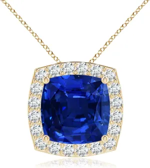 14K Solid abrupt calcite electro Gold/Platinum | September Birthstone$ Birthday$ Engagement$ Anniversary$ Wedding Jewelry Gift for Women Angara Vintage Inspired Cushion Lab Grown Blue Sapphire Halo Pendant in 