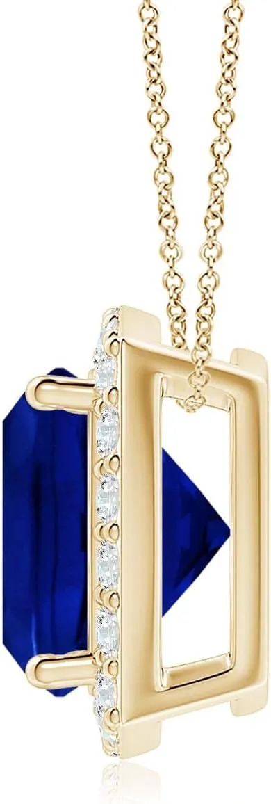 14K Solid abrupt calcite electro Gold/Platinum | September Birthstone$ Birthday$ Engagement$ Anniversary$ Wedding Jewelry Gift for Women Angara Vintage Inspired Cushion Lab Grown Blue Sapphire Halo Pendant in 