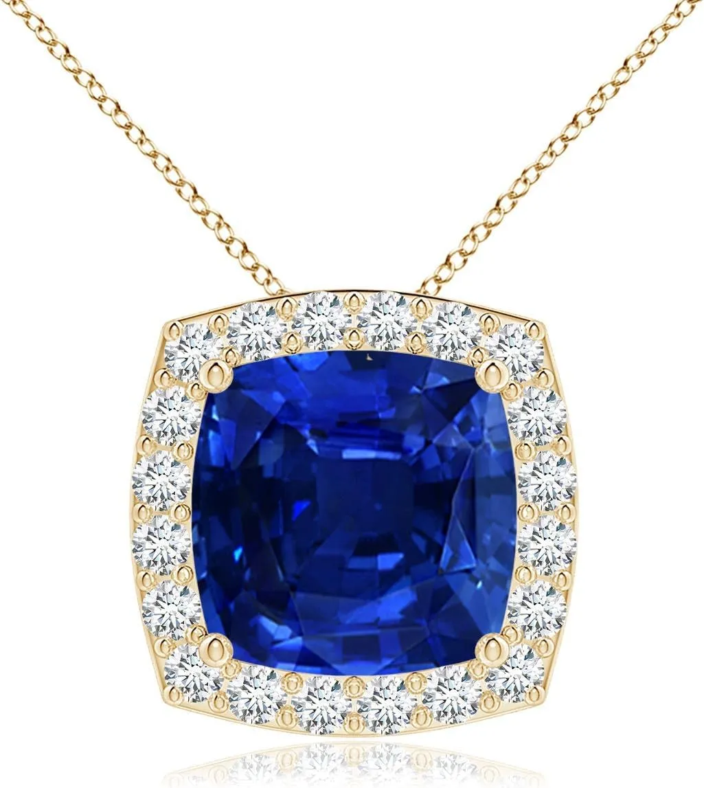 14K Solid abrupt calcite electro Gold/Platinum | September Birthstone$ Birthday$ Engagement$ Anniversary$ Wedding Jewelry Gift for Women Angara Vintage Inspired Cushion Lab Grown Blue Sapphire Halo Pendant in 