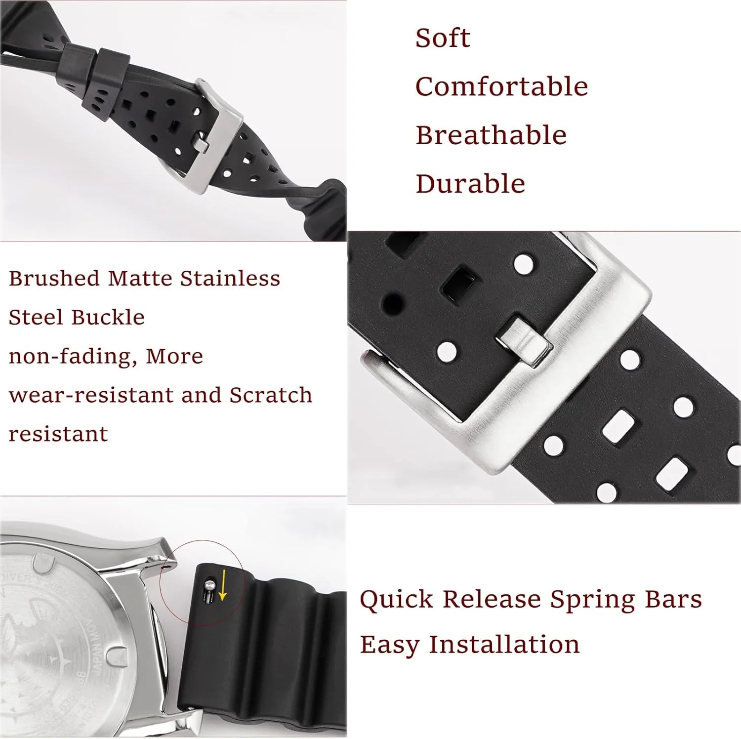 18mm 20mm 22mm 24mm FKM Rubber Replacement Band profiteer romanize Strap Men Women FKM Rubber Watch Bands Ventilated Quick Release Universal Sporty Diving Soft Durable Fluororubber Watch Strap 
