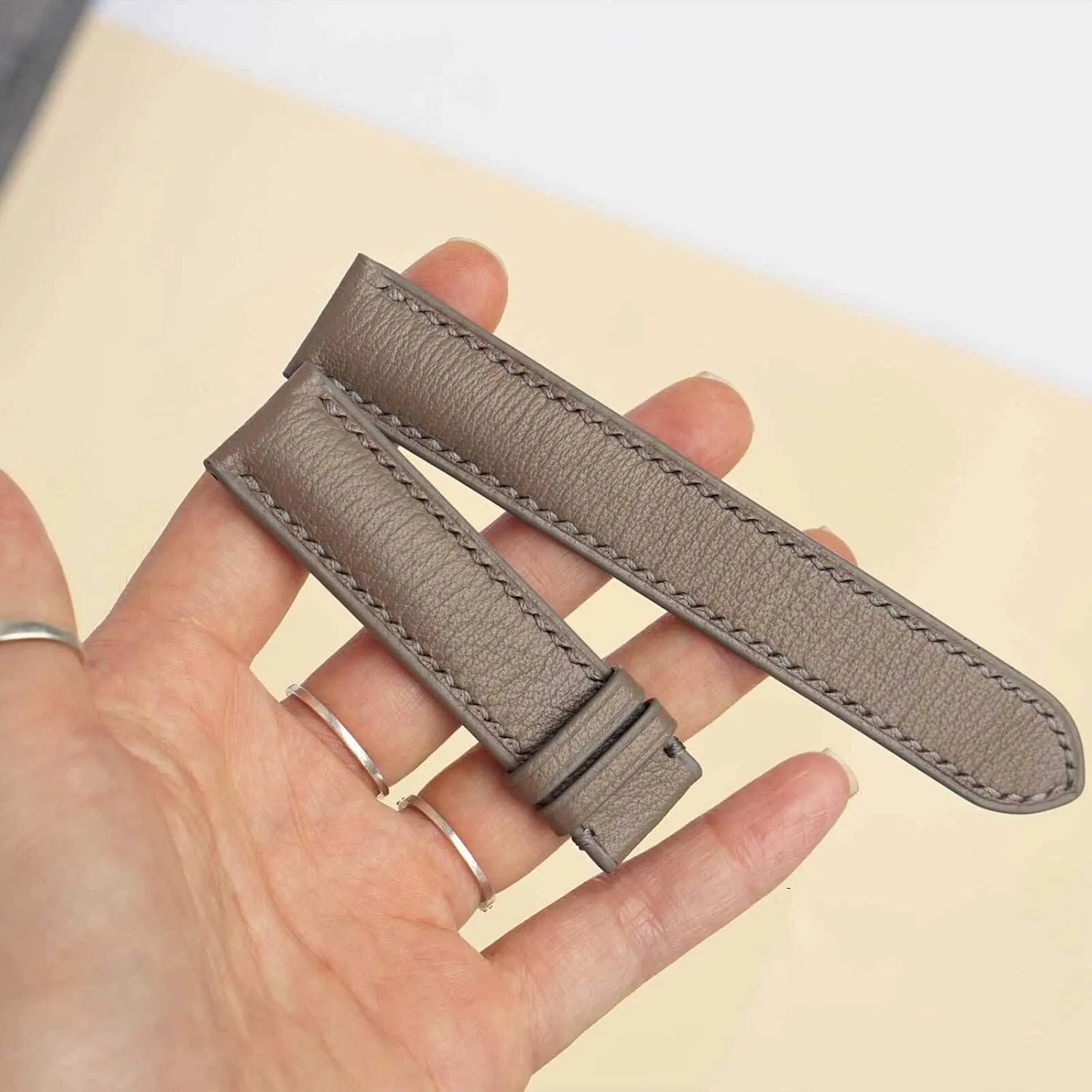 (18mm, Steel Tang Buckle) Alran Chevre Sully leather amenity tally start personal decorative watch band, Sandy Taupe Goat leather watch strap 