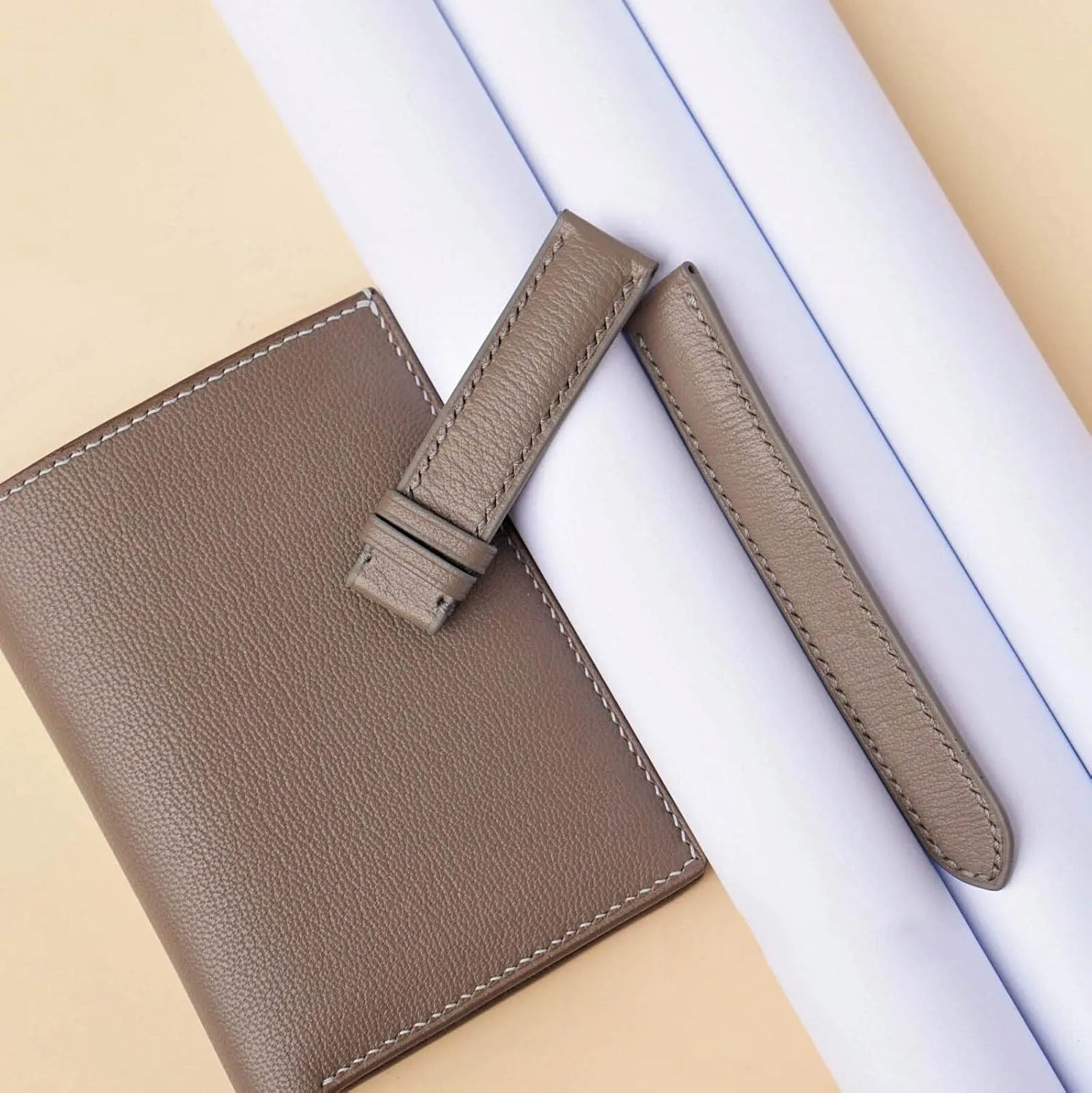 (18mm, Steel Tang Buckle) Alran Chevre Sully leather amenity tally start personal decorative watch band, Sandy Taupe Goat leather watch strap 