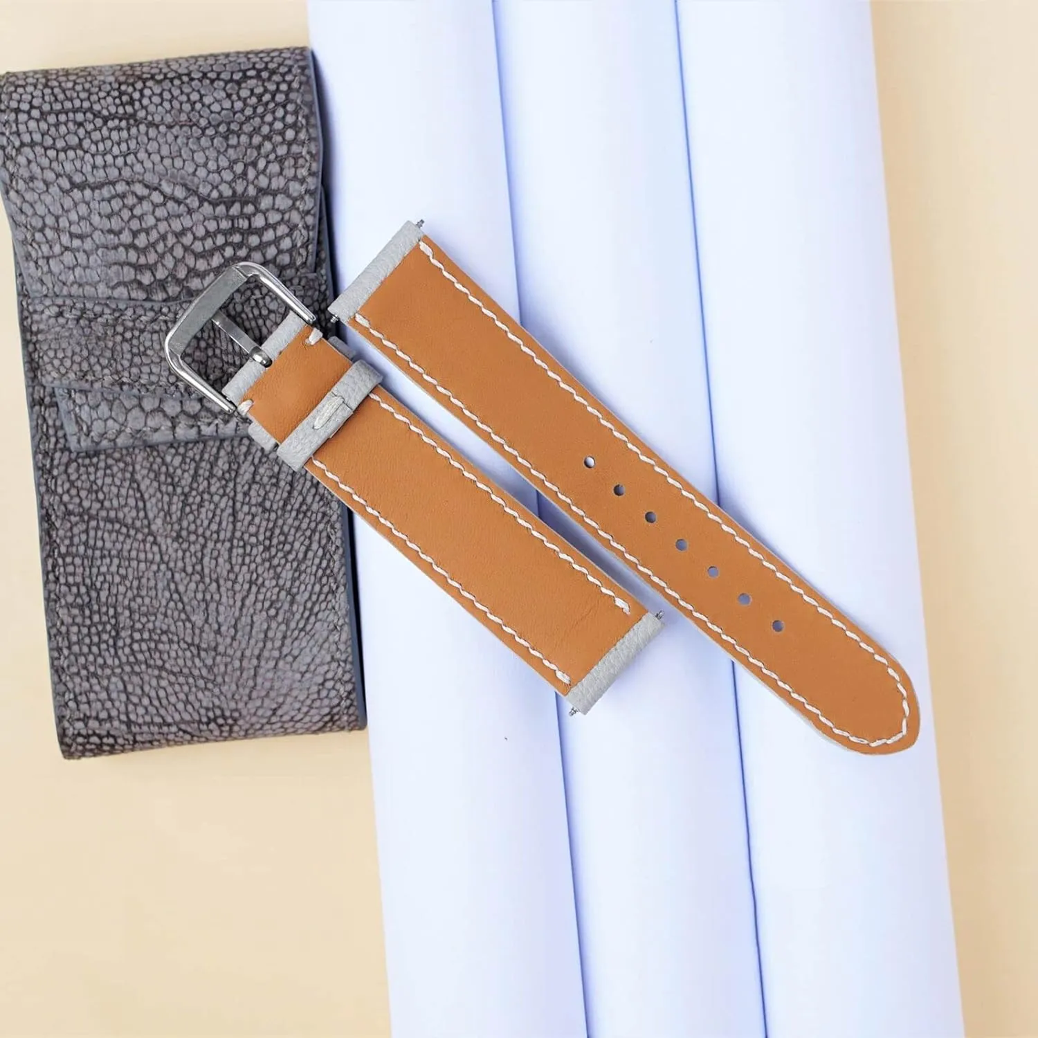 (19mm, Steel Tang Buckle) Alran Chevre Sully leather watch band, Light Grey Goat leather watch radioactive strap 