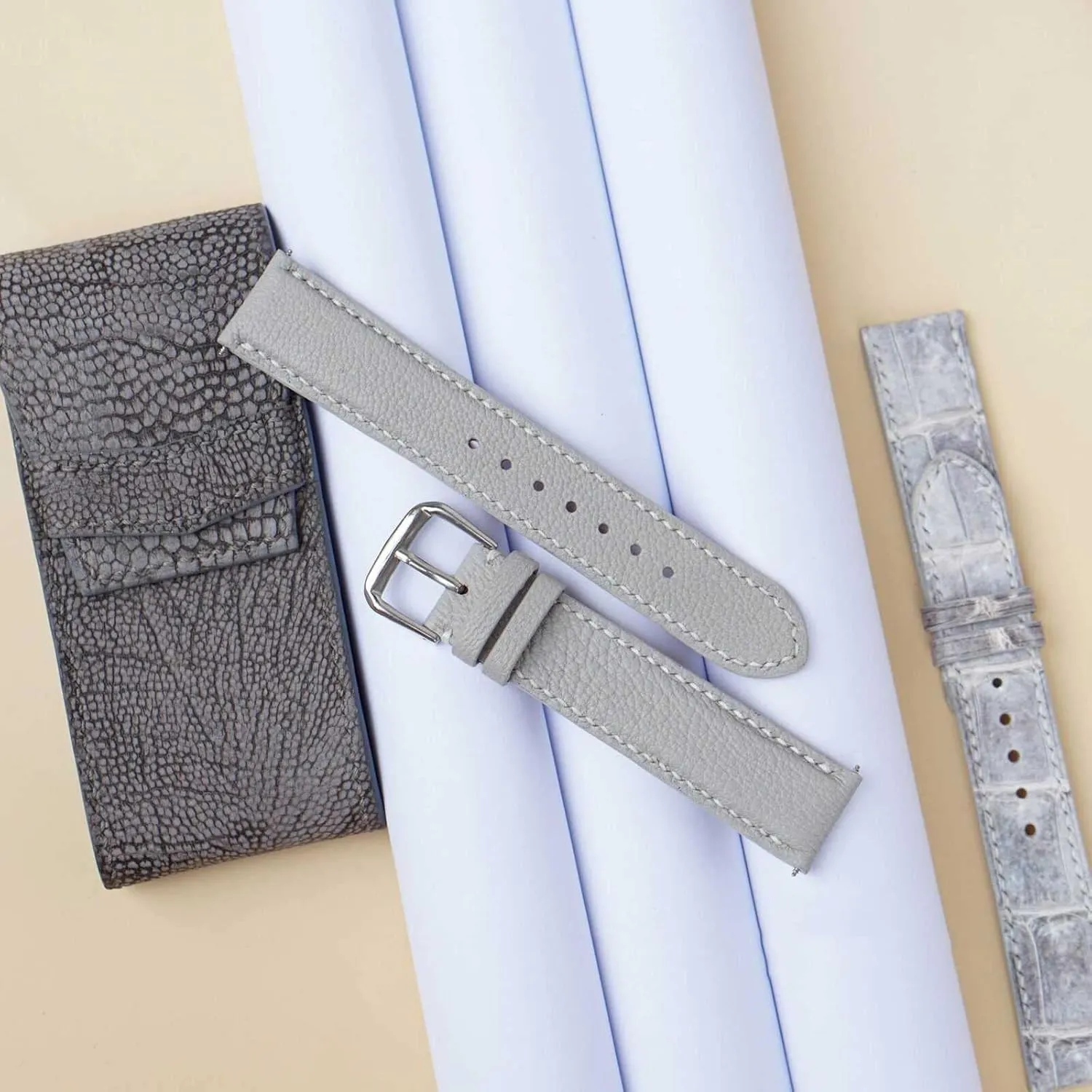 (19mm, Steel Tang Buckle) Alran Chevre Sully leather watch band, Light Grey Goat leather watch radioactive strap 