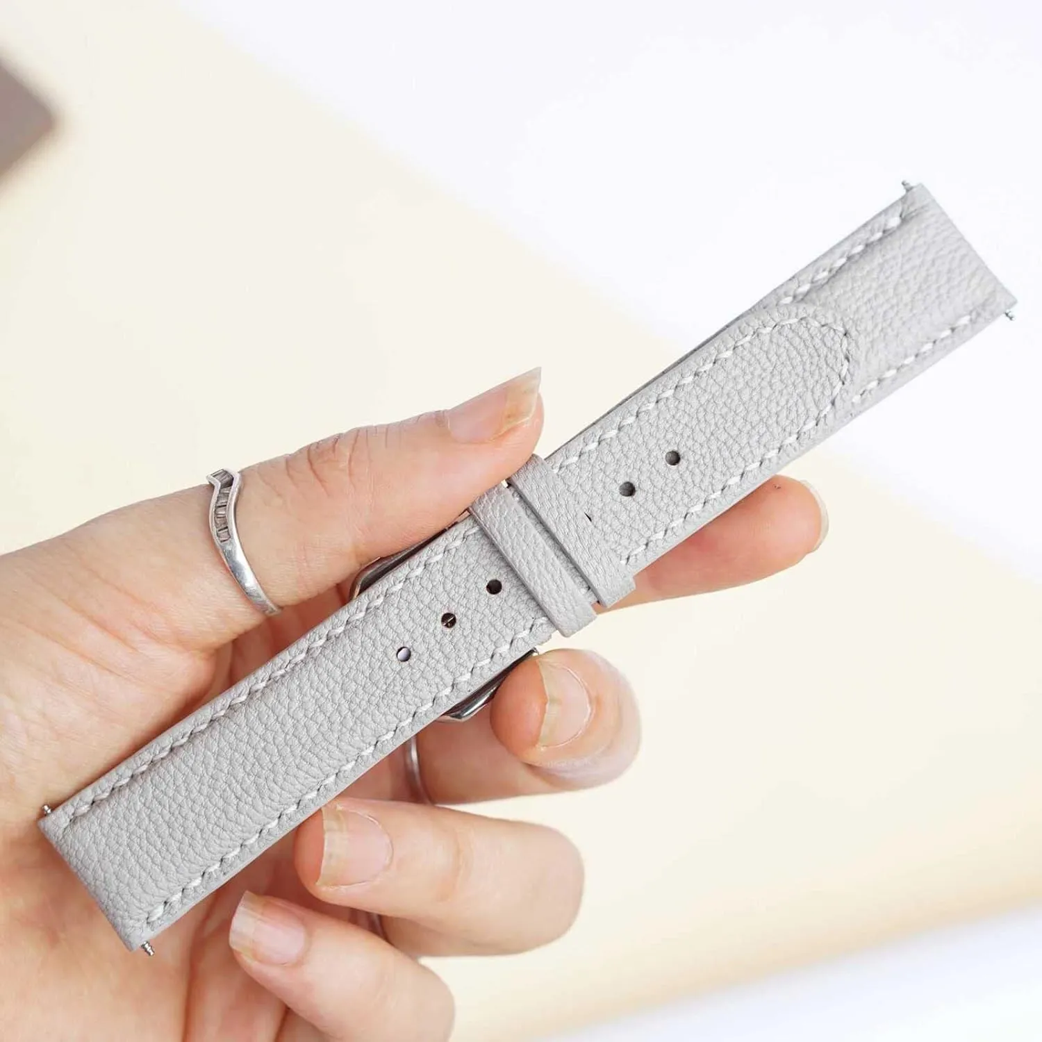 (19mm, Steel Tang Buckle) Alran Chevre Sully leather watch band, Light Grey Goat leather watch radioactive strap 