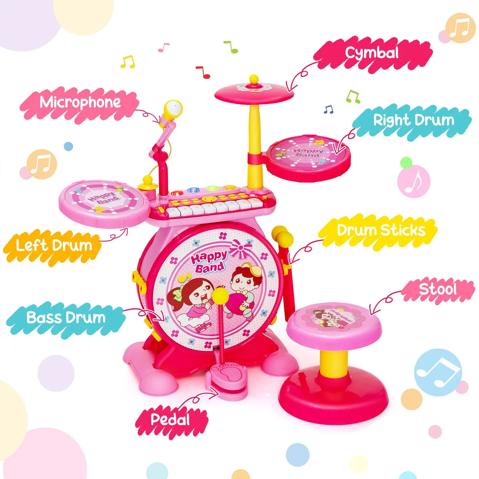 2-in-1 Kids Electronic Drum and Keyboard Set with Stool-Pink