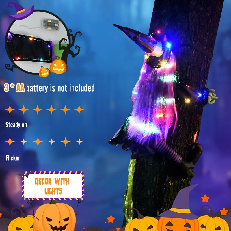 2 Modes Halloween Crashing Witch into Tree Decoration Halloween Light Up Hanging Decorations with Glowing Luminous Warning Sign