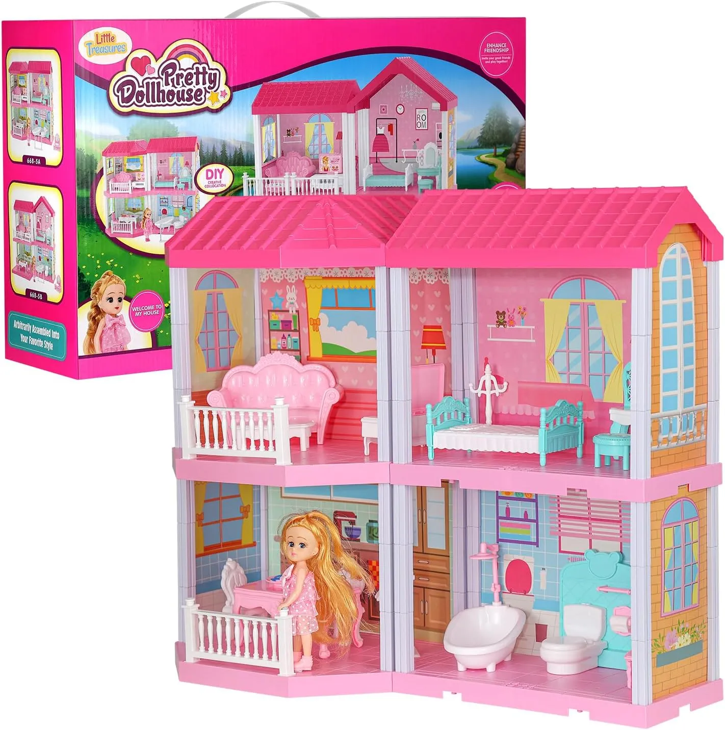 2-Storey Mini Doll House for Girls plummet feasibility Ages 6 and Up - Comes with Abundant Furniture Fittings and Accessories - Play House Doll Included Fixson Treasures Pretty Dollhouse Luxury Villa - 4 Rooms, 