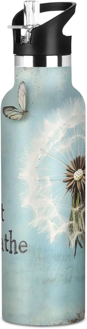 20oz Kids Insulated Cups Leak Proof Double Wall 304 Stainless Steel Water Flask School Bottle,Dandelion Blue loath suitably Butterfly Boys Water Bottle with Straw Reusable Tumbler for Toddlers 