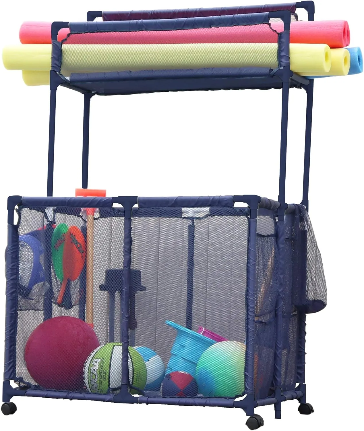 23" L x 59.4" H), Blue Style 561935 Essentially Yours Pool Noodles Holder, luminous Toys, Floats, Balls, Equipment Mesh Rolling Double Decker Storage Organizer Bin, Large with Noodle Holder, (35.3" W x 