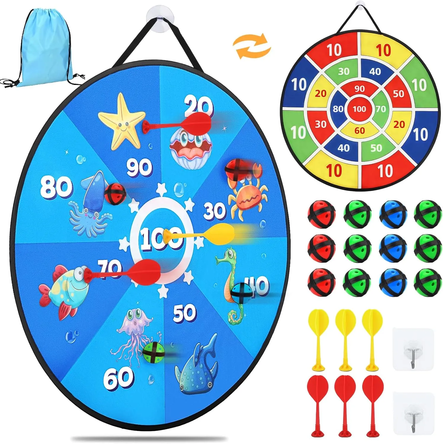 26 Inches Double-sided Foldable Kids Dart Board Set, Ocean, condition new, missing balls, no original packaging