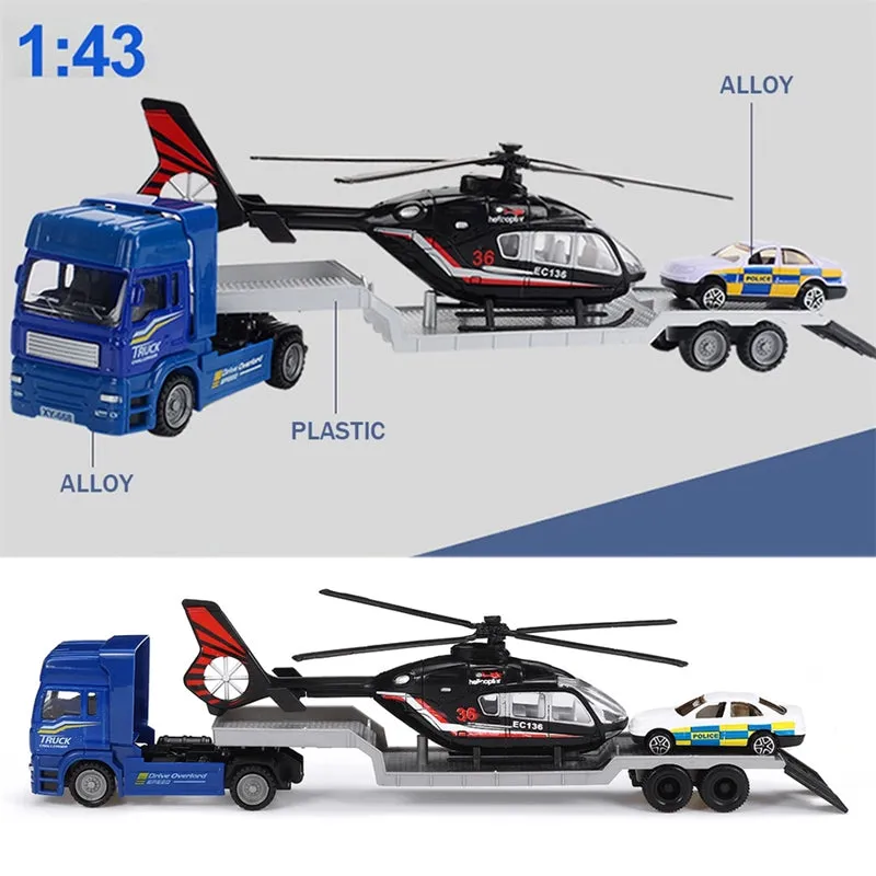 3-in-1 Racing Car Transporter Toy with Trailer Helicopter Car 1:43 Children's Toys