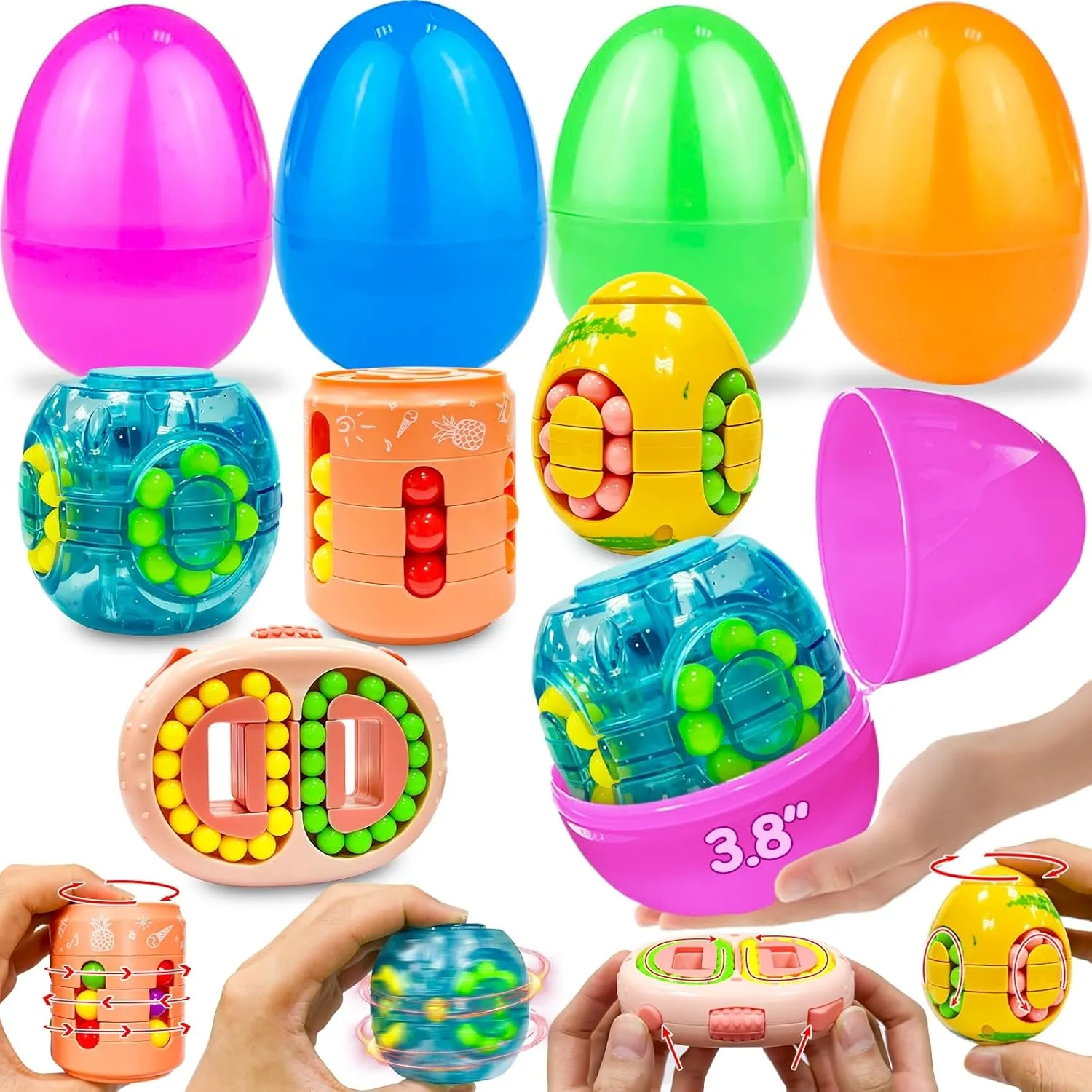 3.8" Jumbo Easter Eggs Filled Magic Bean Cubes Surprise Egg for Kids Boys Girls Fidget Finger Spinning Toys for Stress Relief Easter Basket Stuffer Filler Easter Basket Essential angular dining guild Gift Egg Hunt 4 Pack 