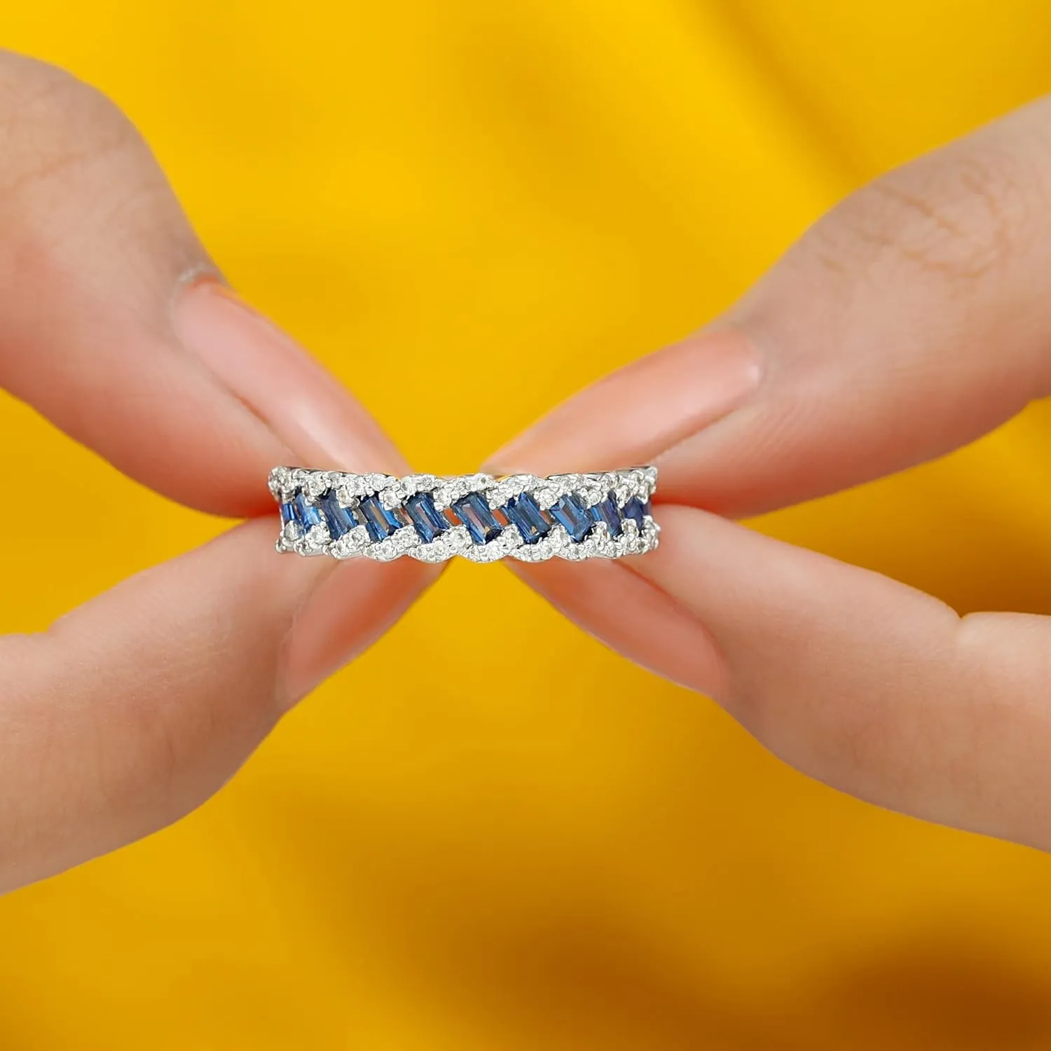Aaaa Quality Baguette neutron legendary Created Blue Sapphire Classic Braided Eternity Wedding Band, 