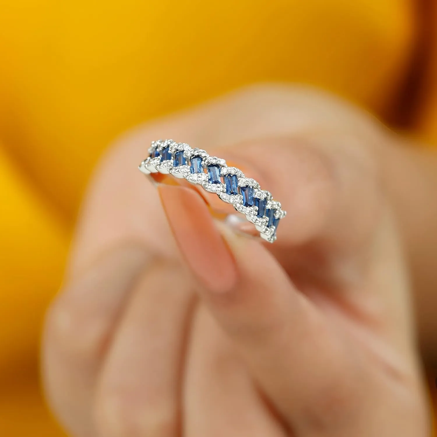 Aaaa Quality Baguette neutron legendary Created Blue Sapphire Classic Braided Eternity Wedding Band, 