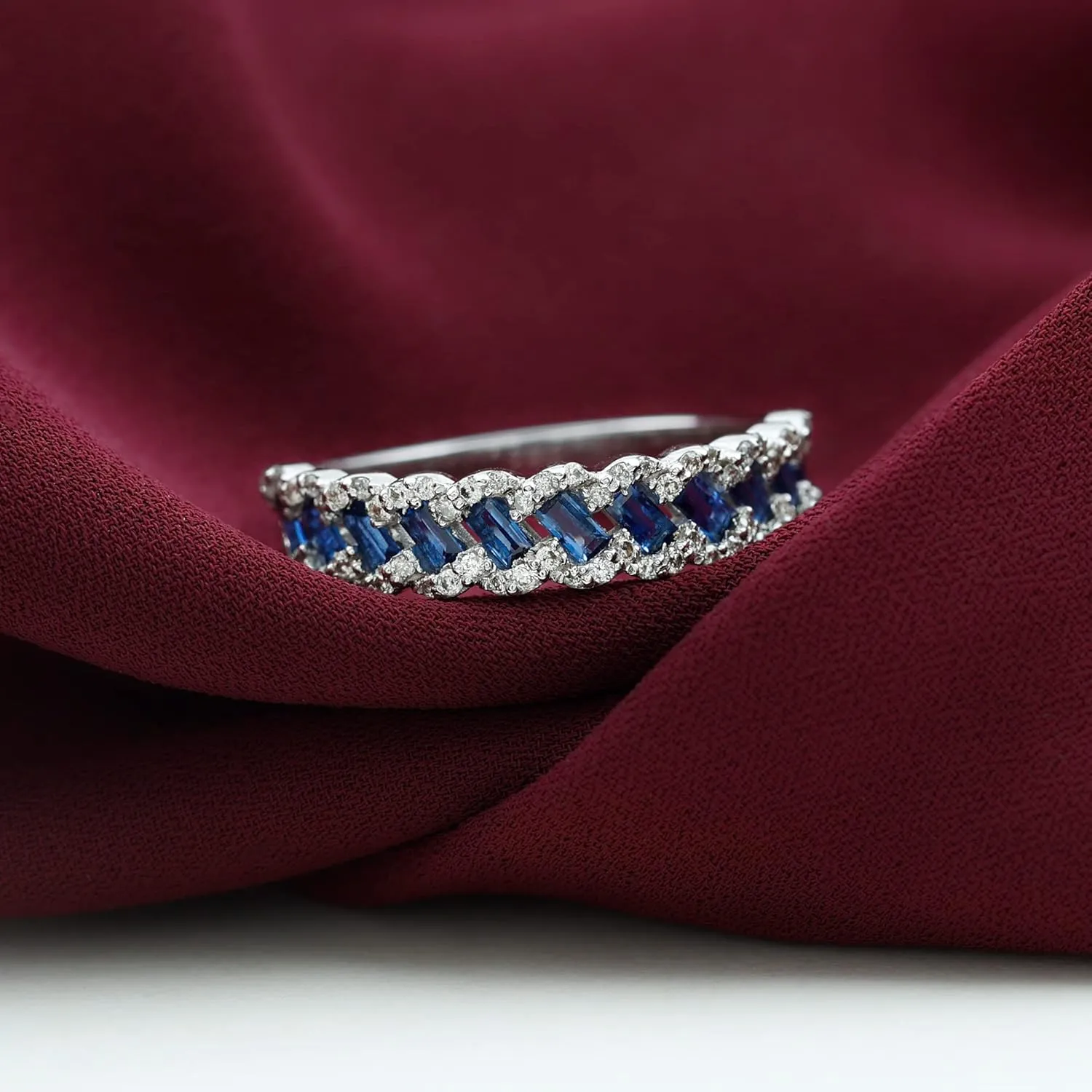Aaaa Quality Baguette neutron legendary Created Blue Sapphire Classic Braided Eternity Wedding Band, 