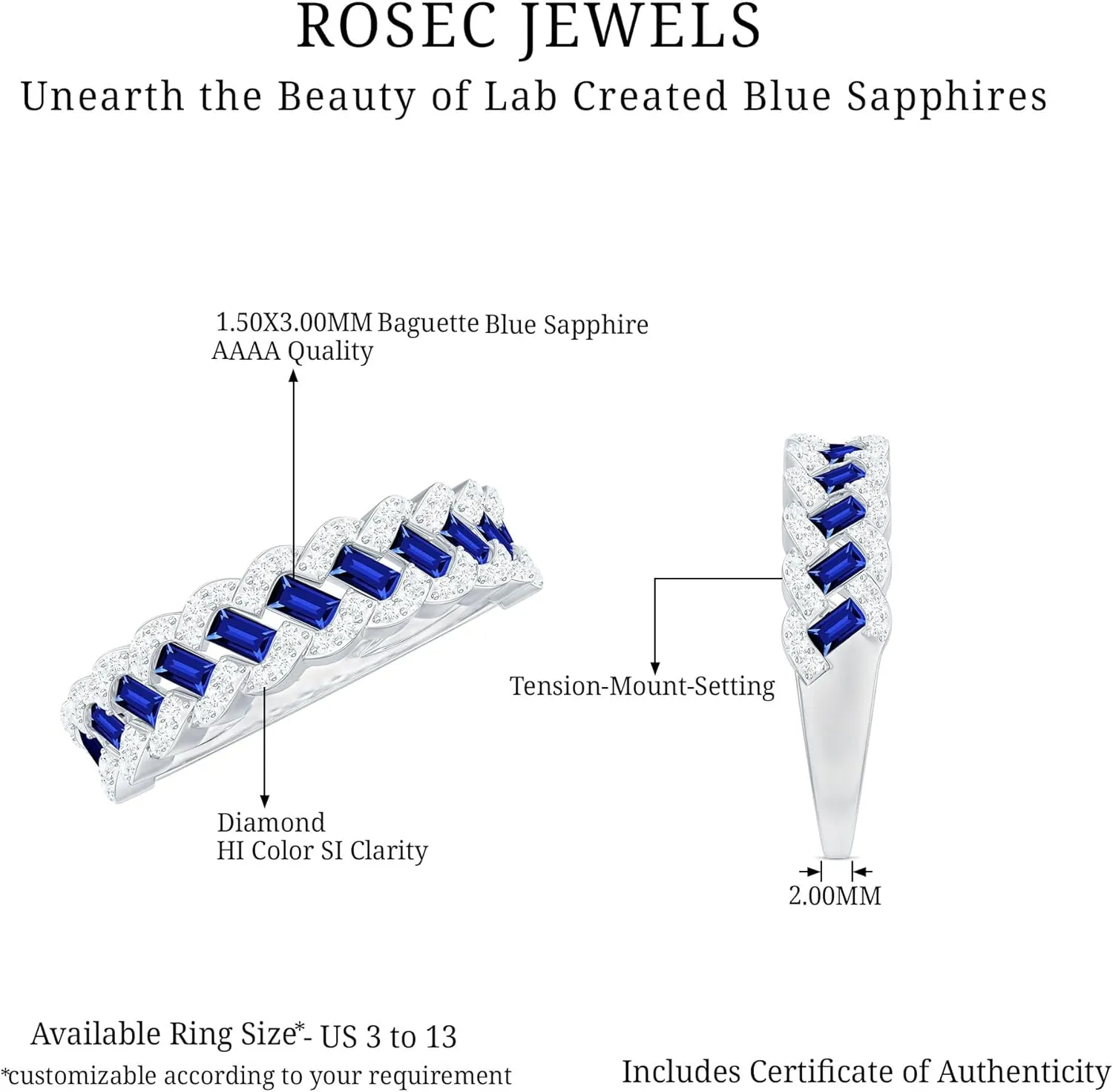 Aaaa Quality Baguette neutron legendary Created Blue Sapphire Classic Braided Eternity Wedding Band, 