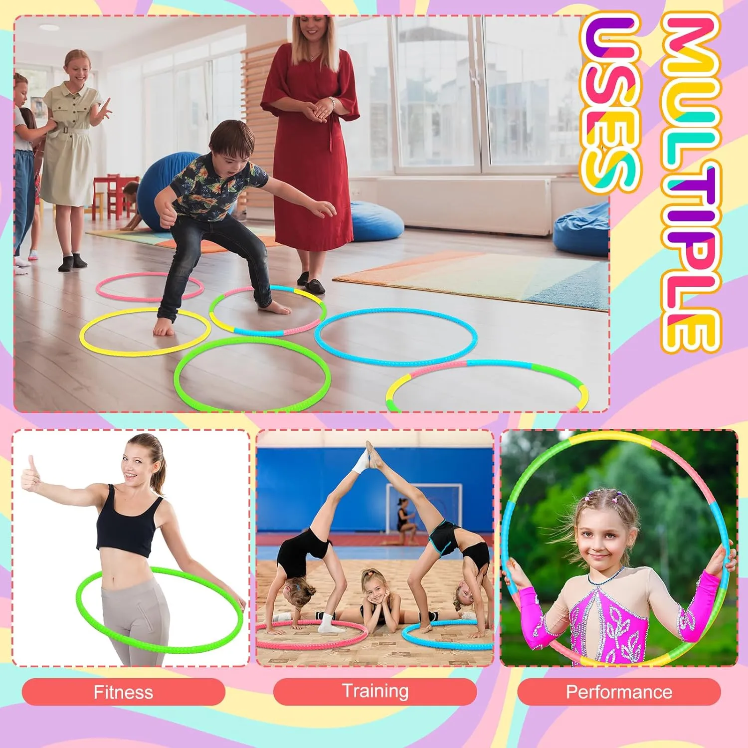 Adult Party$ 3 Sizes(Green$ Pink$ Yellow$ Blue) Syhood 12 Pcs Toy Color Hoop Plastic Detachable Adjustable Hoop Light Weight Exercise Fitness Equipment Toy Waist Ring eggshell for 