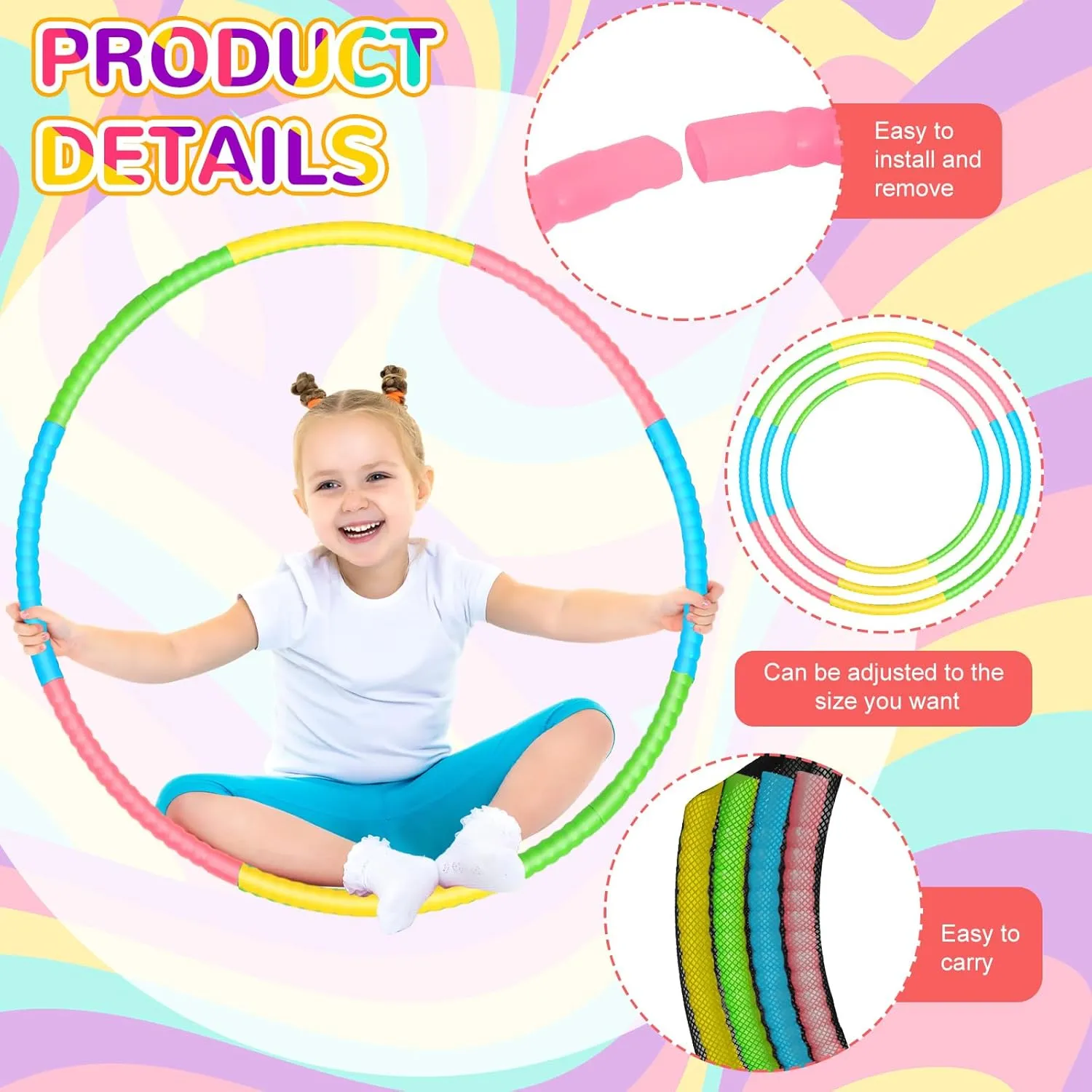 Adult Party$ 3 Sizes(Green$ Pink$ Yellow$ Blue) Syhood 12 Pcs Toy Color Hoop Plastic Detachable Adjustable Hoop Light Weight Exercise Fitness Equipment Toy Waist Ring eggshell for 