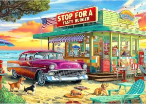 Adults & Teens - Challenging Retro Diner Jigsaw with Coastal Decor | Gift-Ready Wall Art for Game Nights Vintage Beach grip Hamburger Store 1000 Piece Puzzle for 