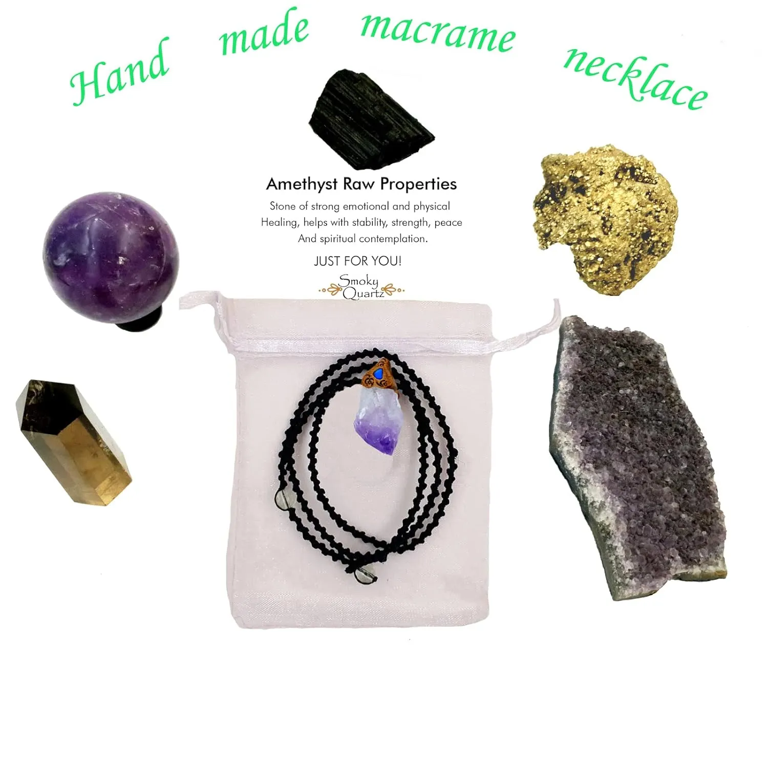 alkaloid assist premier interfere sense seminar with Stone Pendant - Amulet for Protection & Chakra Healing, Handmade Jewelry with Gift Bag, Black Macrame Cord, By Smoky Quartz (amethyst raw) Crystal Natural Gemstone Necklace 