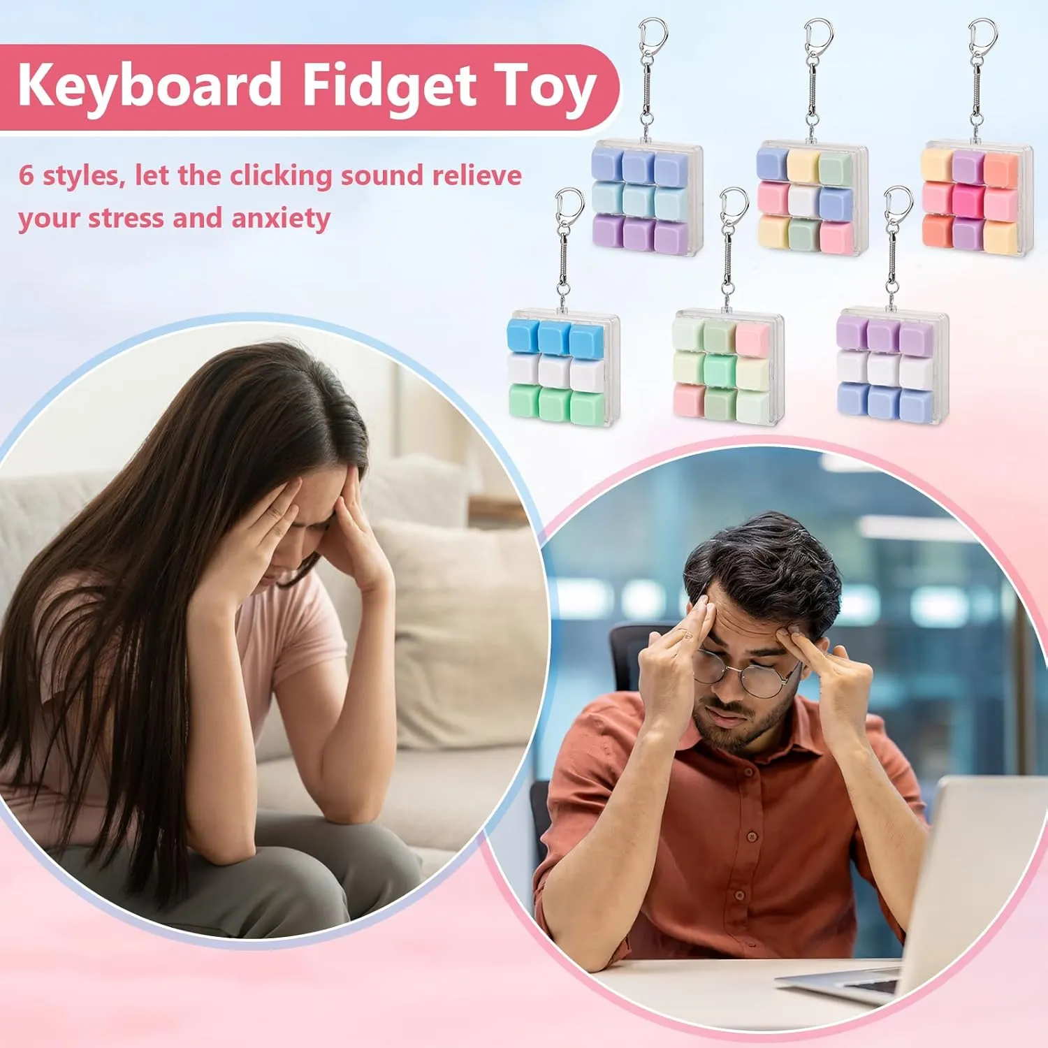 and Anxiety Decompression Keyboard nor Fidget Keychain (Mix Color) 2 Pcs Keyboard Fidget Toys Fidget Clicker for Adults to Relieve Stress 