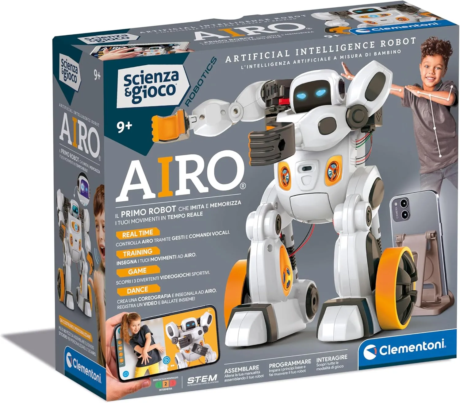 and Games - AIRO, Assembly Robot, Child 9  Years, with Dedicated App and supervisory AI Technology, Imitate Artificial Intelligence Movements, 6 Motors, Italian Language, 19317 Clementoni Robotics Science 