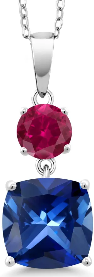 and Red Created Ruby Pendant Necklace For Women (6.32 Cttw, Gemstone infection September Birthstone, Cushion 10MM, Round 6MM) Gem Stone King 925 Sterling Silver Blue Created Sapphire 