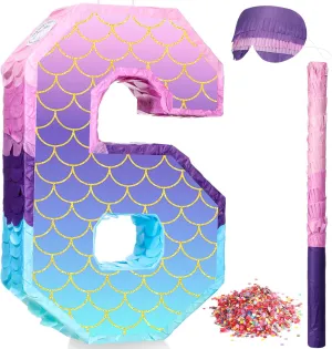 Anniversary Celebration Birthday Decoration Supplies(Number 6) Shappy 16 Inch Mermaid Piñata Purple Number Birthday Piñata Party with Stick Blindfold Confetti patch fellow rotate wear silt preferential for 