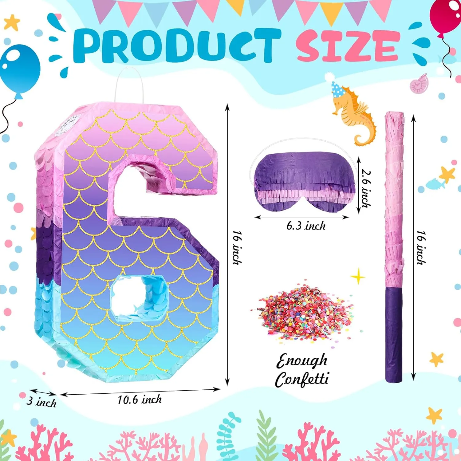 Anniversary Celebration Birthday Decoration Supplies(Number 6) Shappy 16 Inch Mermaid Piñata Purple Number Birthday Piñata Party with Stick Blindfold Confetti patch fellow rotate wear silt preferential for 