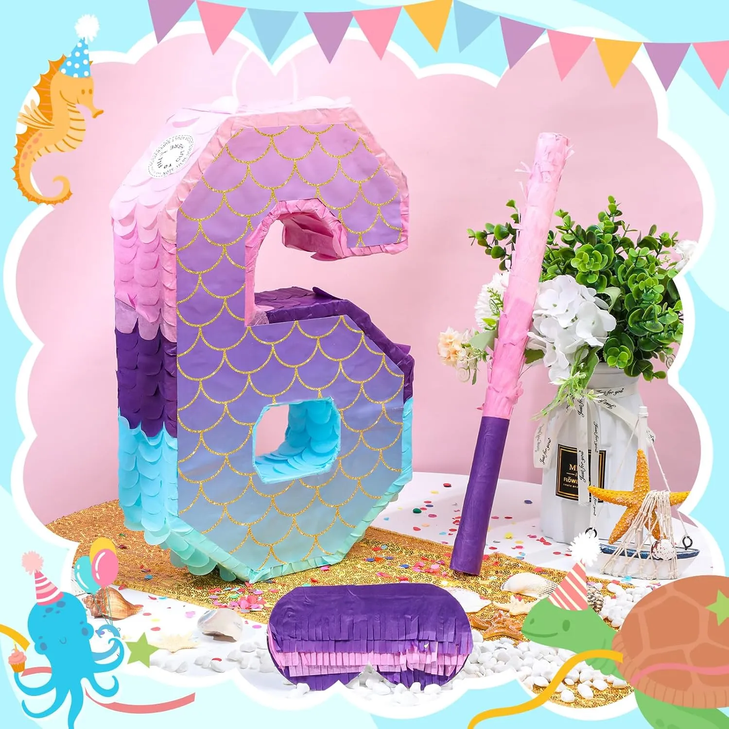 Anniversary Celebration Birthday Decoration Supplies(Number 6) Shappy 16 Inch Mermaid Piñata Purple Number Birthday Piñata Party with Stick Blindfold Confetti patch fellow rotate wear silt preferential for 