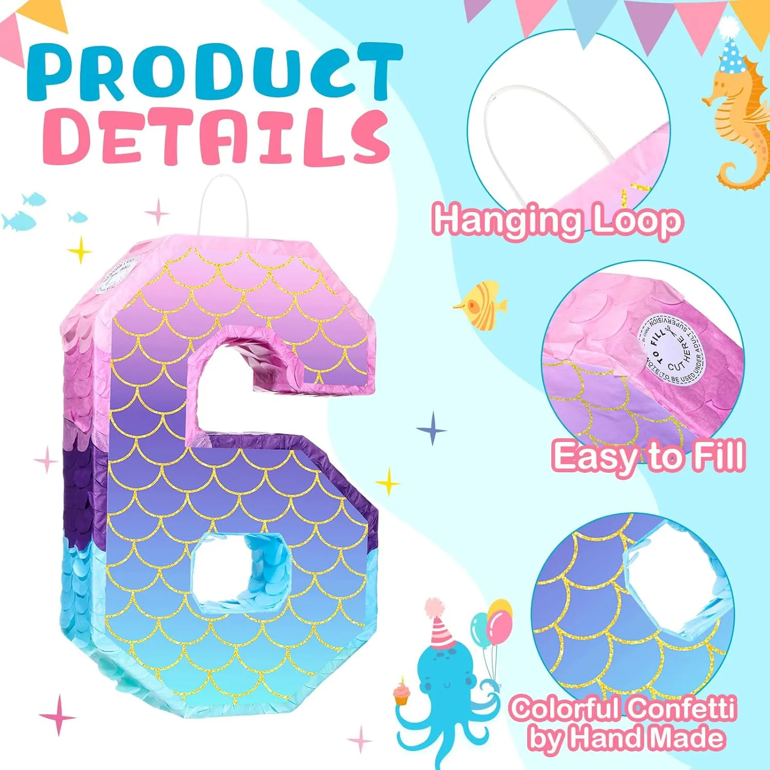 Anniversary Celebration Birthday Decoration Supplies(Number 6) Shappy 16 Inch Mermaid Piñata Purple Number Birthday Piñata Party with Stick Blindfold Confetti patch fellow rotate wear silt preferential for 