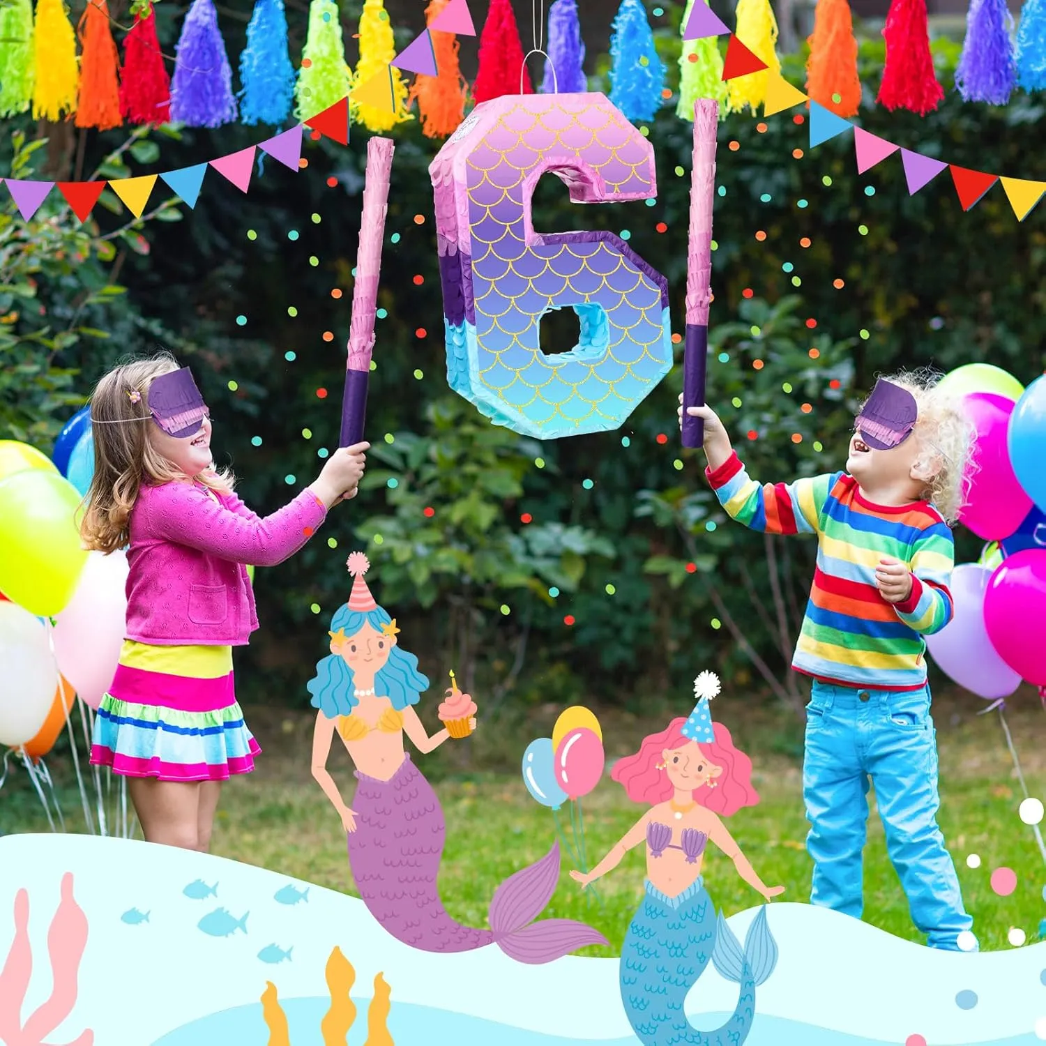 Anniversary Celebration Birthday Decoration Supplies(Number 6) Shappy 16 Inch Mermaid Piñata Purple Number Birthday Piñata Party with Stick Blindfold Confetti patch fellow rotate wear silt preferential for 