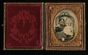 Antique Victorian Ambrotype Photo ID'd Little Girl Holding China Doll Rare Case