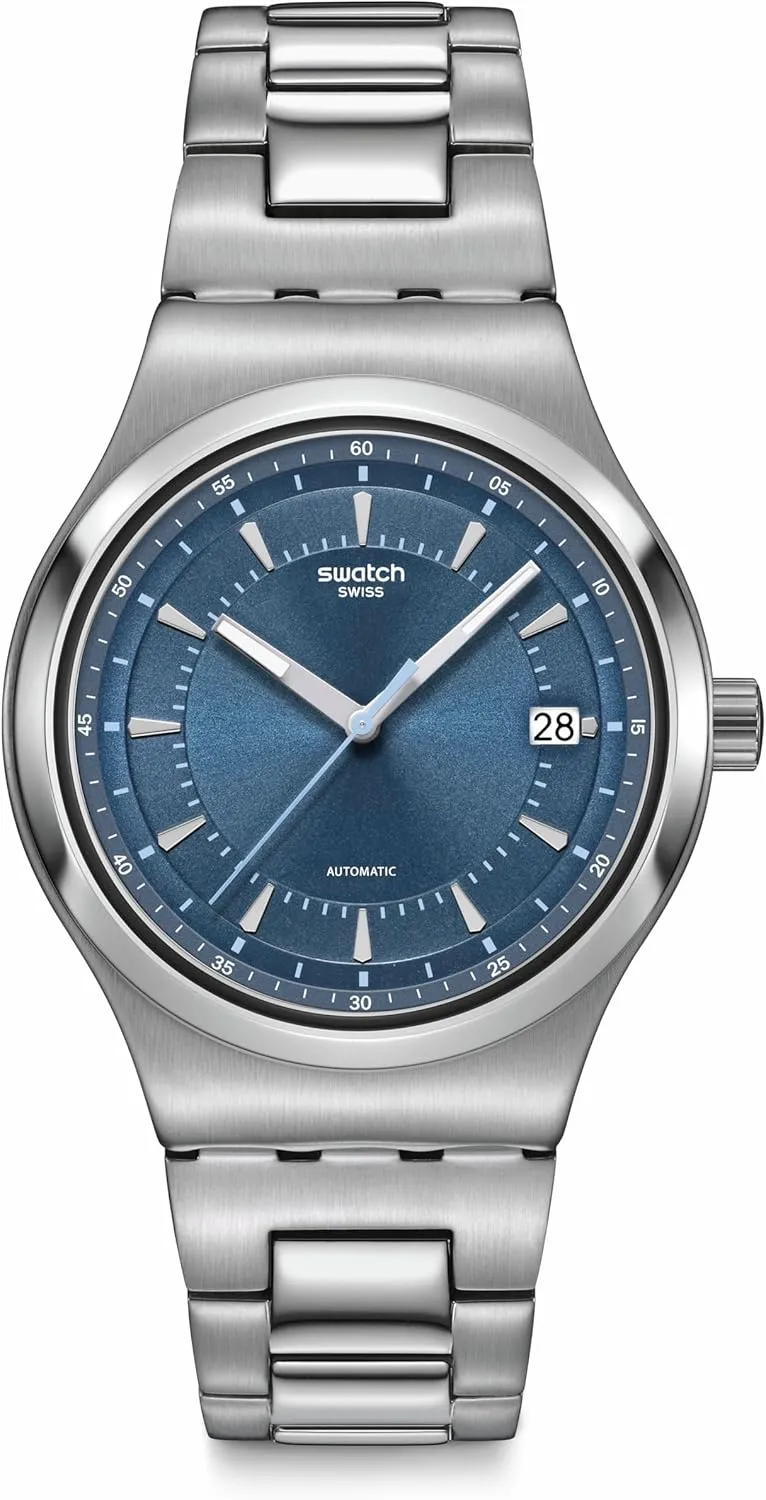 at Dusk Swatch Unisex Casual constituent Watch Blue Stainless Steel Automatic Shimmer 