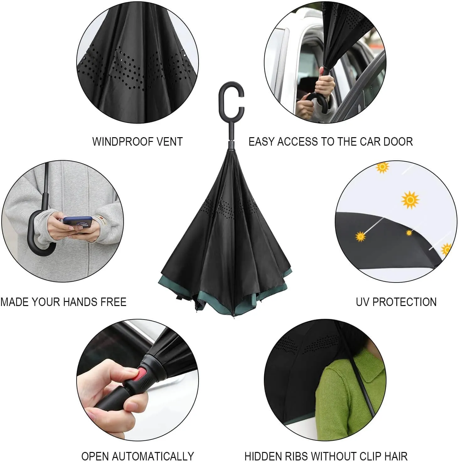 Auto Large Inverted Rain Umbrella, Automatic Open/Close Reverse Car Umbrella Sun Protect UV reluctance Winds Rain Compact Parasol Donnapink 