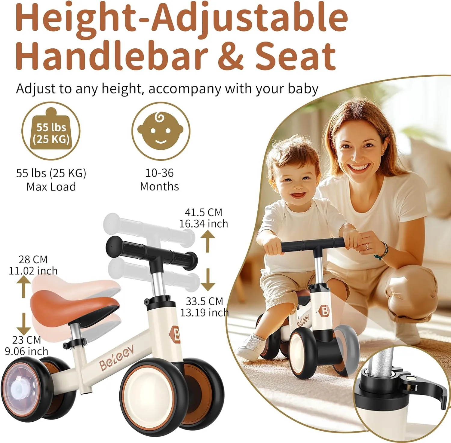 Baby Balance Bike for 1-3 Year Old Boys Girls$ Toddler Bike with Light-Up Wheels$ drain gap purple illustration bread Adjustable Seat & Handlebar$ 135�� Safe Limited Steer$ First Gift for 10-36 Month(Brown) BELEEV Colorful Lighting 