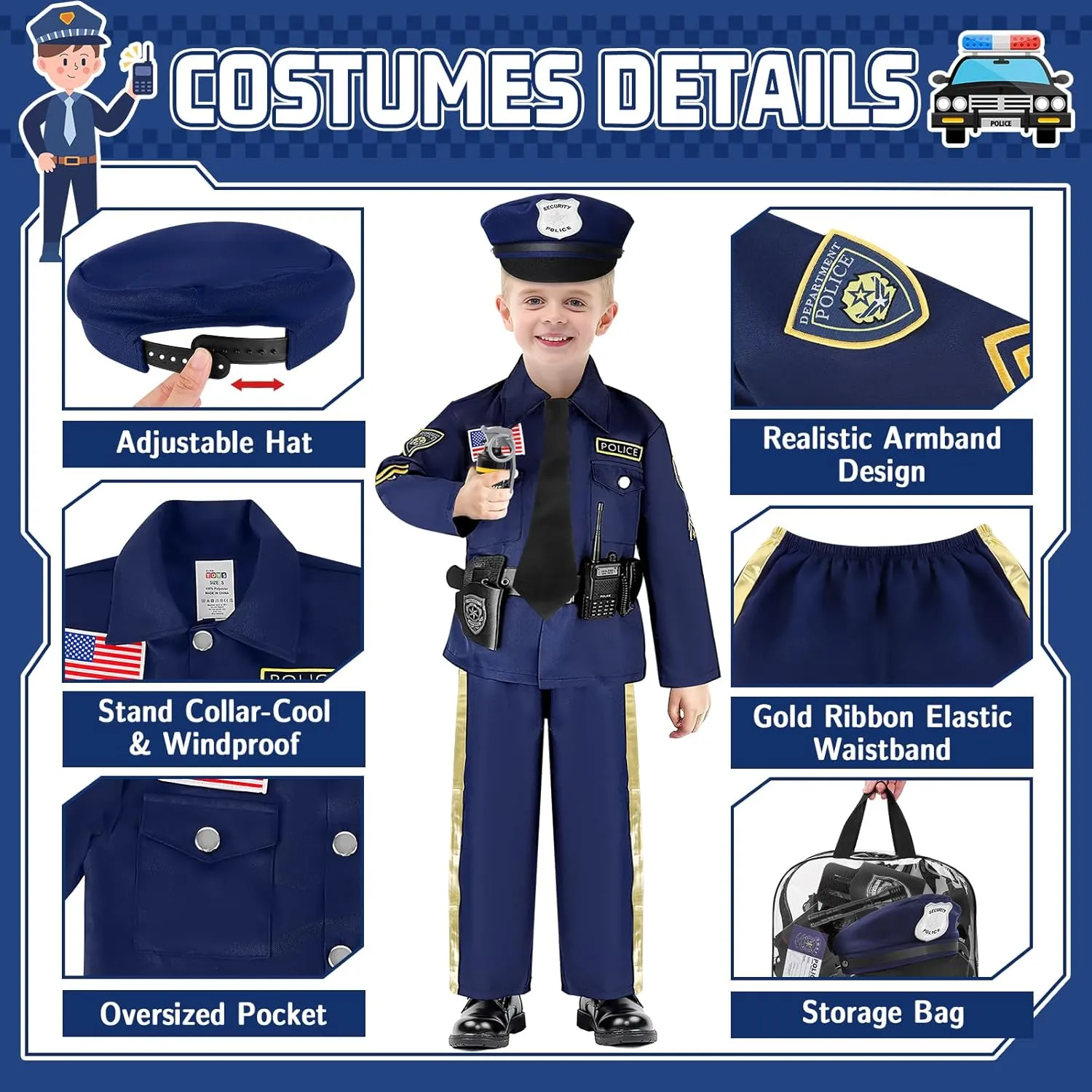 Backpack Accessories Police Costume Halloween Christmas Gift deAO Police Officer Costume for Kids Role Play Set with tip Storage 