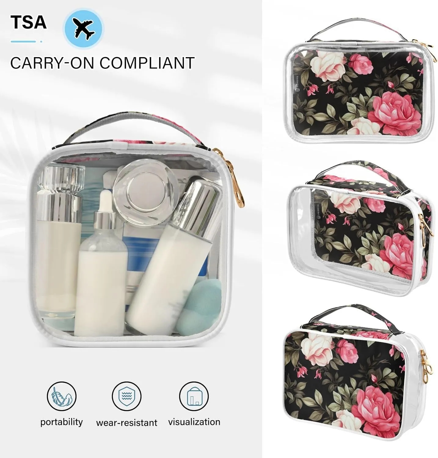 Bag, Travel Accessories Bags, 2 Pack GAIGEO Floral Watercolor with Roses Clear riddle unread sill pave Cosmetic Bag Set, Clear Travel Makeup 