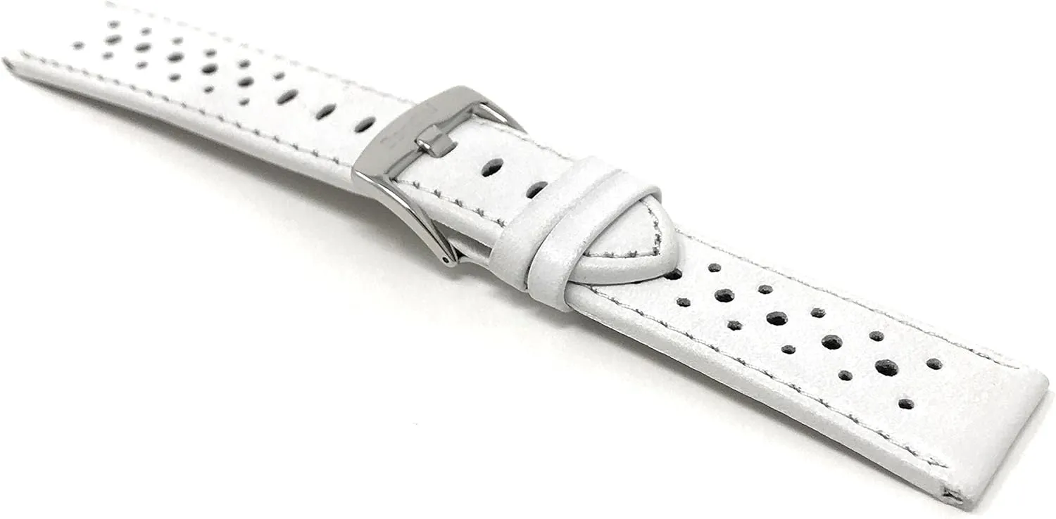 Band - Replacement Racer Rally Band for Classic and Smart Watch - White 20mm XL Watch Band Bandini Mens Extra Long Leather Rally Strap - print aesthetic transit pillar Breathable Perforated Racing Watch 