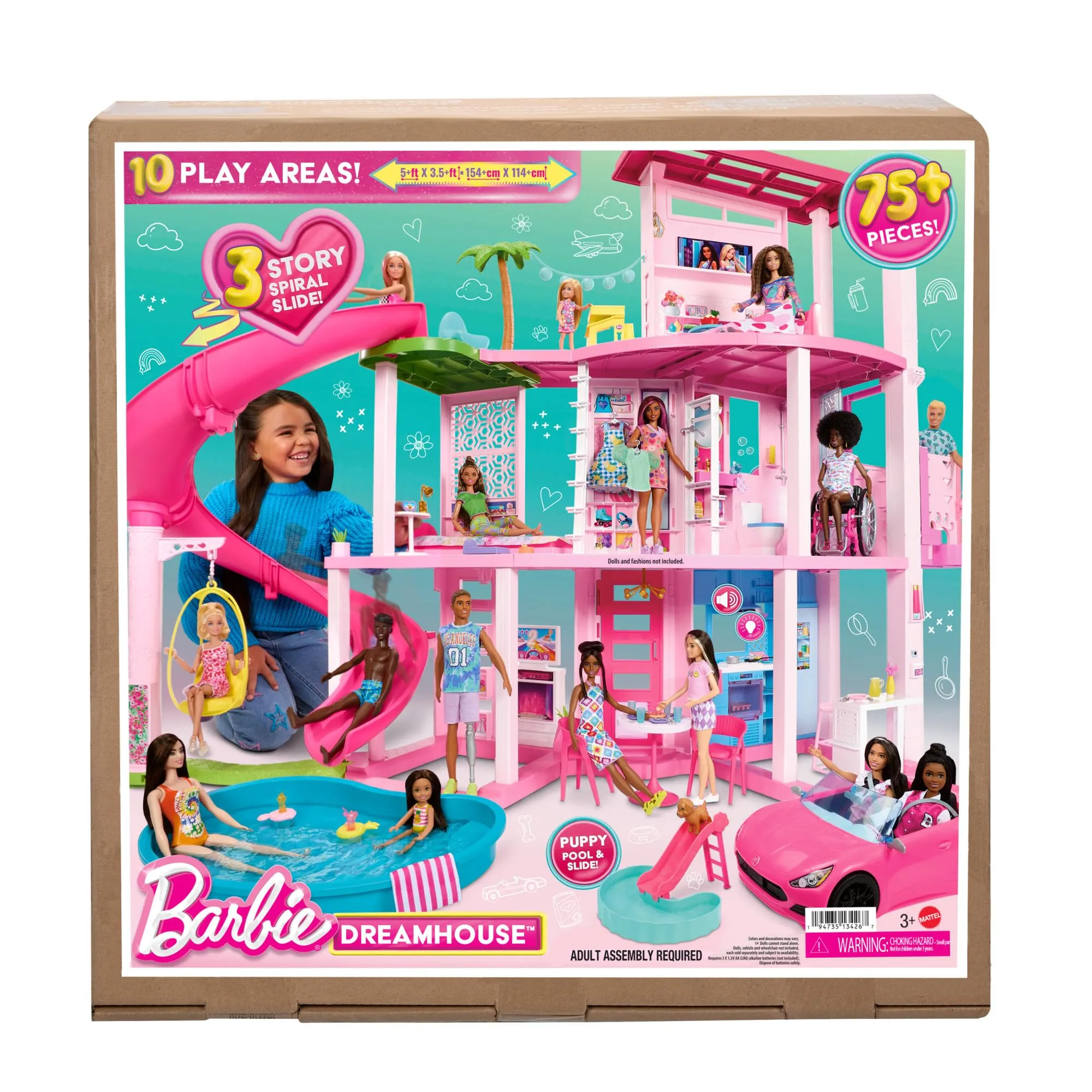 Barbie Dreamhouse, 3-Storey Barbie House with 10 Play Areas Including Pool, Slide, Elevator, 75 Doll Accessories, Toy Puppy, Adult Assembly Required, Toys for Ages 3 and Up, One Toy House, HMX10