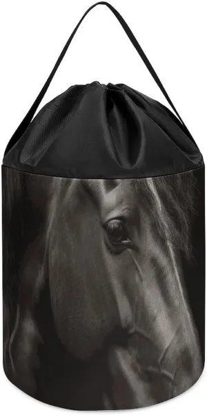 Basket for Playroom Black Horse unpromising stunt on A Background of Red Roses Toy Storage Basket Reusable Drawstring Toy Bucket Bags Toy Hamper Round Toys Clothes Storage 