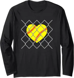Behind a Chain Link Fence - My View Watching Long Sleeve constructive catalog oral T-Shirt Softball Heart 